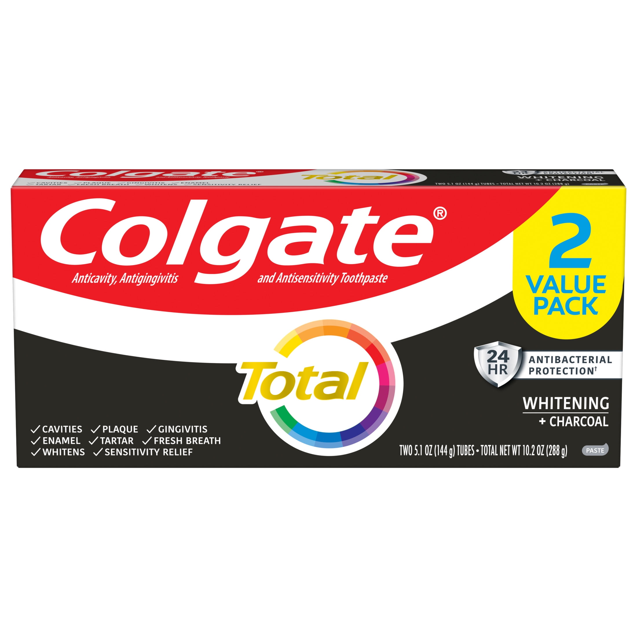 Colgate Total Active Prevention Whitening and Charcoal Toothpaste, Mint, 2 Pack, 5.1 oz