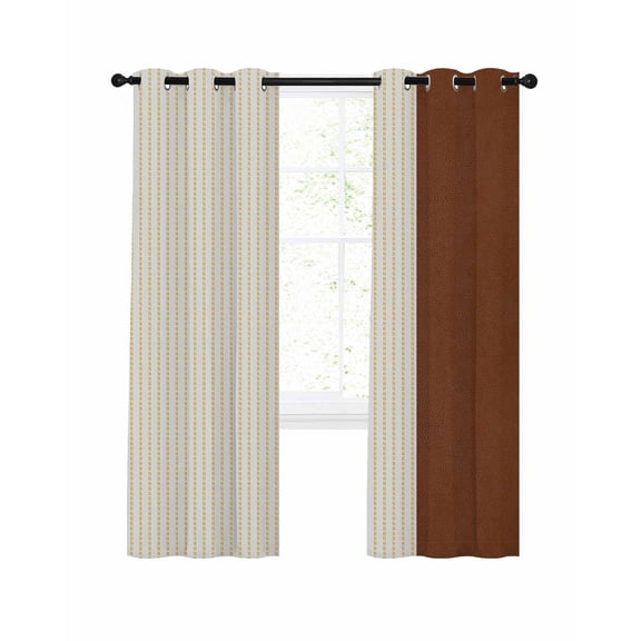 Boho Brown Leather Texture Blackout Curtains 45 Inches Long for Bedroom, Modern Yellow Striped Thermal Insulated Room Darkening Black Out Window Curtain Panels Grommet Drapes for Living Room