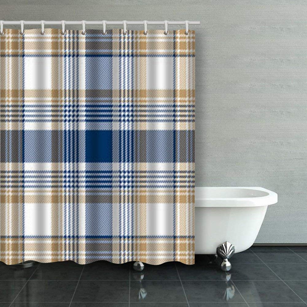 WOPOP Blue Beige White Checkered Plaid Seamless Clan Shower Curtains