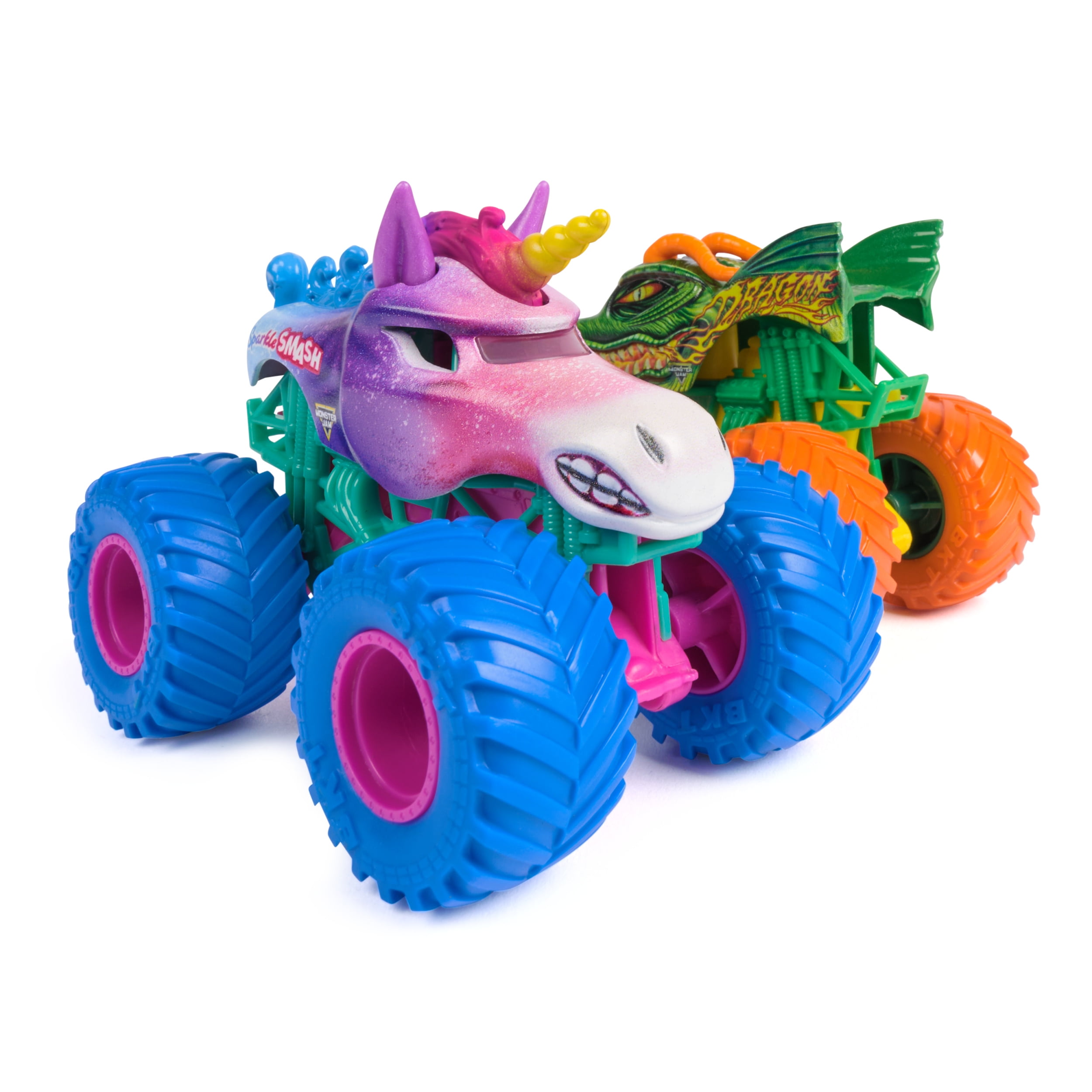 Monster Jam, Dragon Vs. Sparkle Smash Die-Cast Monster Trucks, 1:64 Scale, Kids Toys for Boys Ages 3 and up