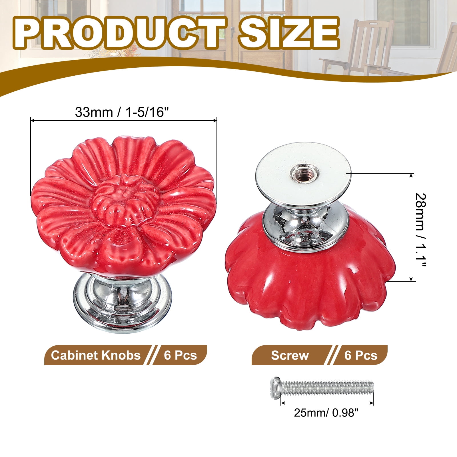 Uxcell Vintage Floral Cabinet Knobs Ceramic Round Drawer Knobs Dresser Knobs Door Hardware Pull Handles Red 6