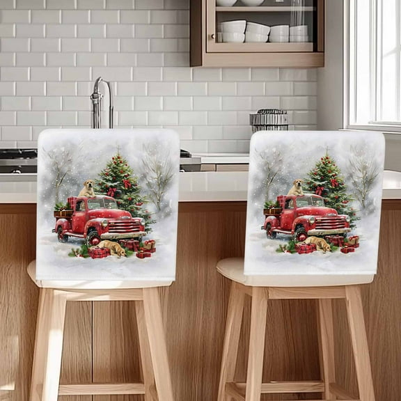Merry Christmas Red Truck Chair Covers Set of 1 Xmas Tree Present Dog Chair Back Covers Stretch Removable Washable Slipcovers Protector for Dining Room Kitchen Party Decor