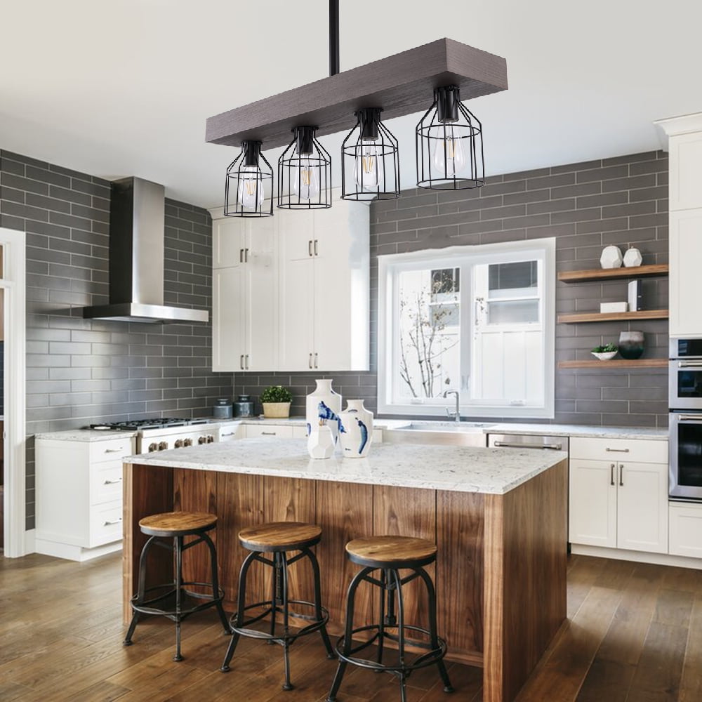 Wellmet 4 Lights Farmhouse Chandelier With Metal Cages Rustic Chandeliers Fixture Hanging Light For Dinning Room Living Room Kitchen Island Lighting Pool Table Light Bronze Wood Finished Walmart Com Walmart Com