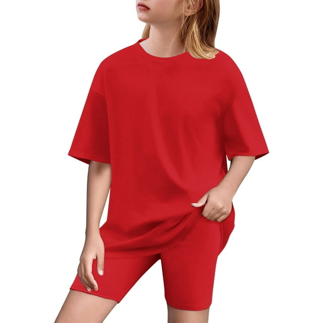 Vêtements d'Été pour Filles, T-Shirt Ample à Col Rond + Short Cycliste Ensemble 2 Pcs