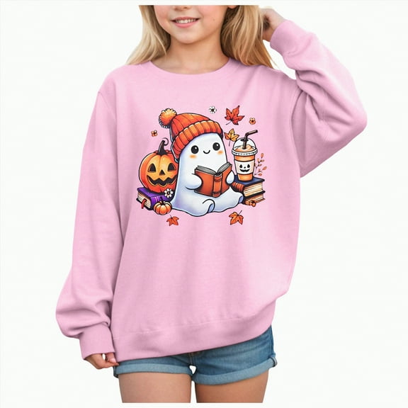 CAUYDY Hoodies for Girl Fall Winter Halloween Tops Ghost Pumpkin Graphic Sweatshirts Long Sleeve Pullover Blouse(Pink,6Y)