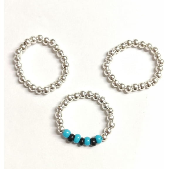 3Pcs Iron & Glass Seed Beaded Stretch Rings Set Stackable Finger Rings Personalized Rings for Women Dainty Trendy Jewelry Dark Turquoise ID: 18mm