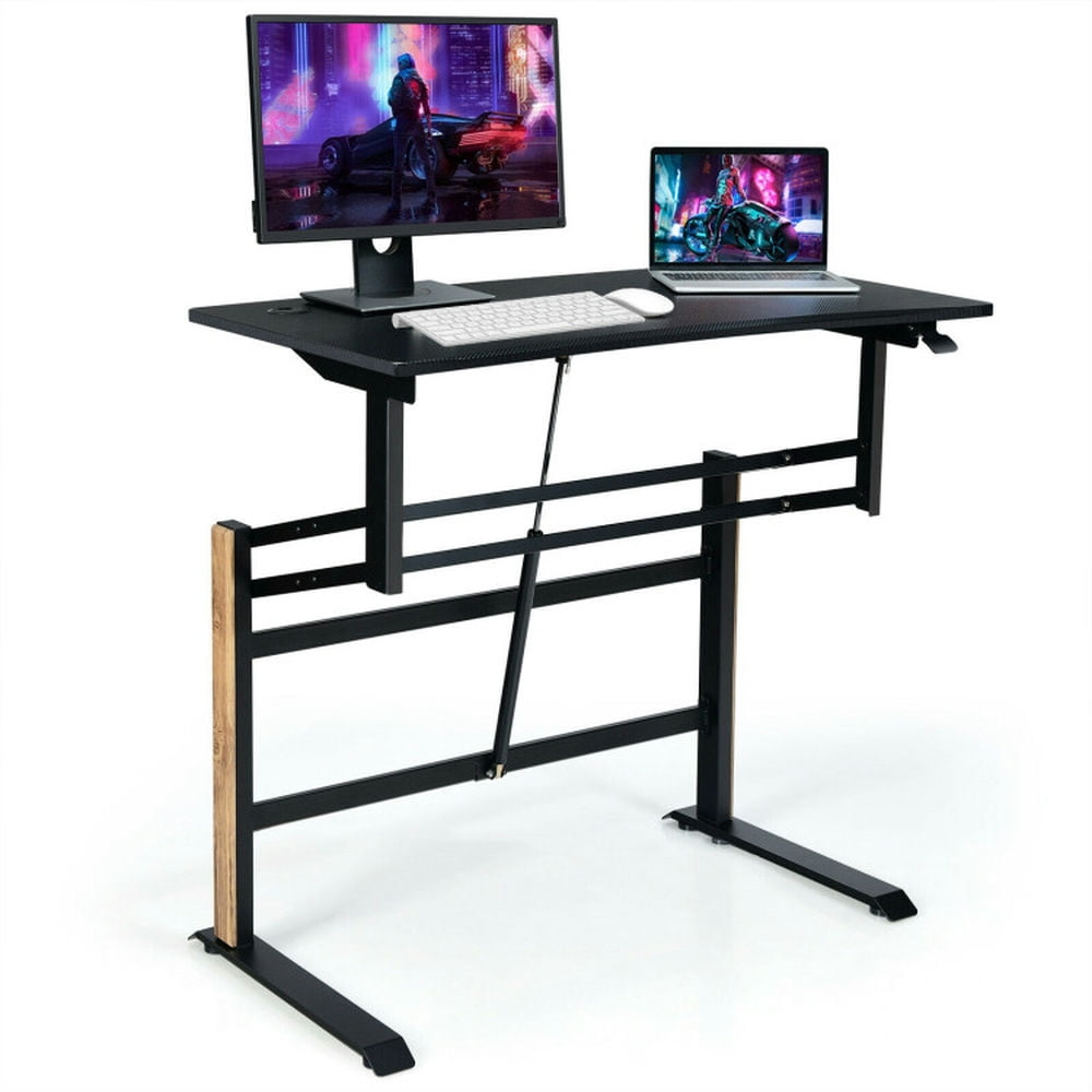 GVN Pneumatic Height Adjustable Gaming Desk T Shaped Game Station with Power Strip Tray-Black, Desk for Bedroom, Gaming Computer Desks for Study,Working,Writing GVN Pneumatic Height Adjustable Gaming Desk T Shaped Game Station with Power Strip Tray-Black, Desk for Bedroom, Gaming Computer Desks for Study,Working,Writing