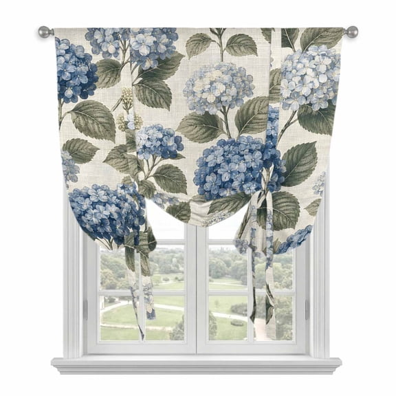 Blue Hydrangea Tie Up Curtains for Windows, Adjustable Balloon Window Shades, Retro Botanical Floral Farmhouse Kitchen Window Treatments Farmhouse Short Curtains with Rod Pocket 42"x45"