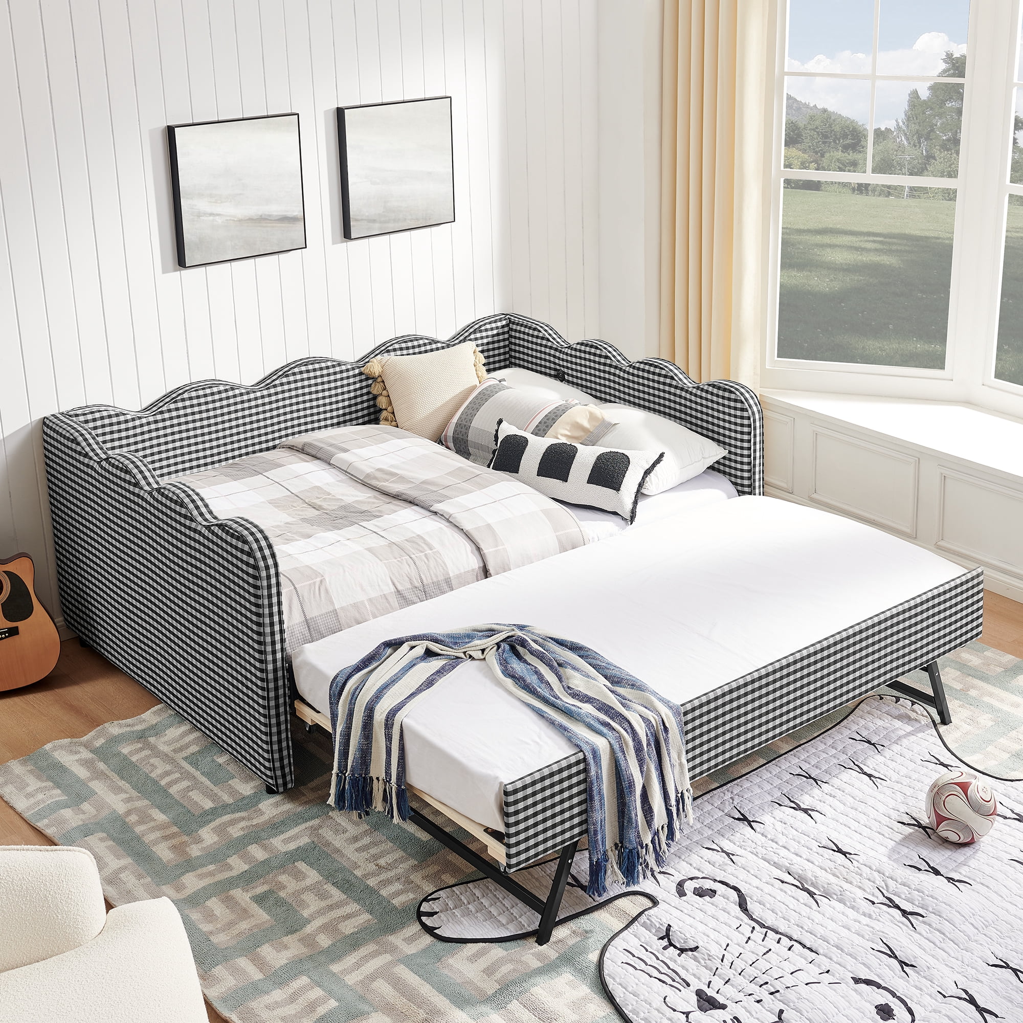 Full Size Daybed with Trundle and USB Port Upholstered Sofa Bed Gingham Linen Kids Guest Bed Frame, No Box Spring Needed, Black