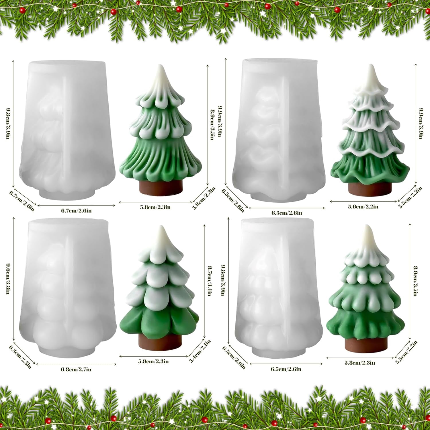 3D Christmas Tree Silicone Mold, Tree Shaped Candle Molds for Candle Making, Epoxy Resin Castinf Mould for DIY Wax Soap Art Craft Christmas Decoration (4pcs)