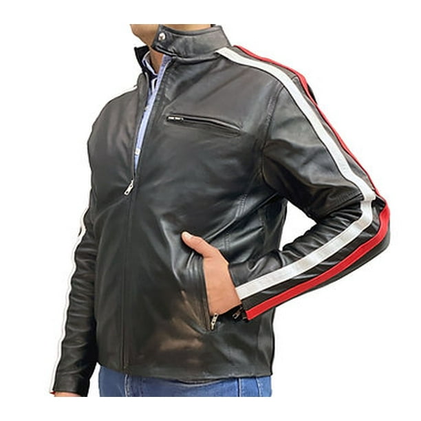 Chamarra de piel negra para caballero con lineas blanca y roja en mangas una bolsa en pecho dos bolsas en cintura y cuello de broche Castelli