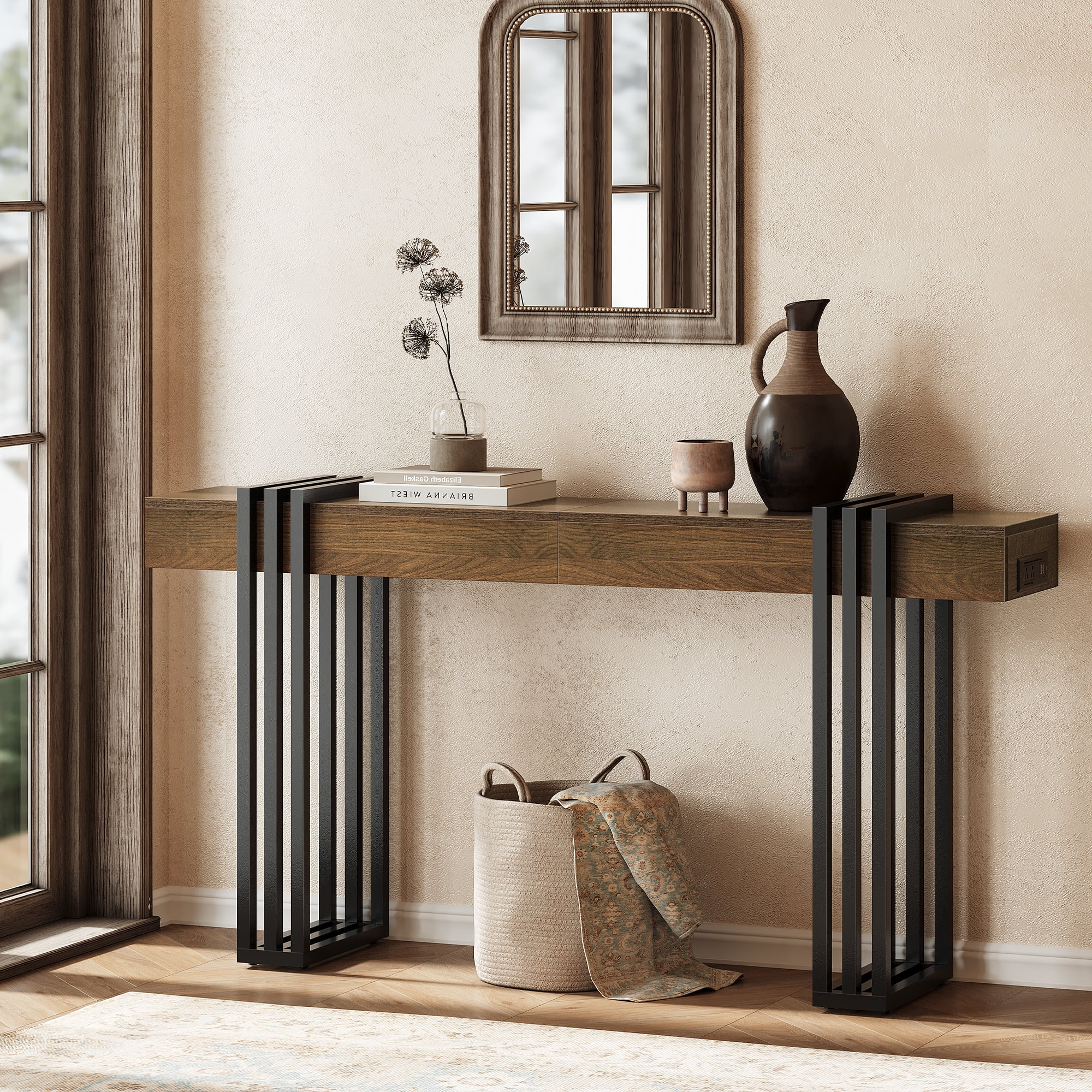 63" Long Console Table, Wood Entryway Table with Black Parallel Metal Frame & Outlet, Sofa Table Behind Couch for Hallway Living Room Foyer, Walnut