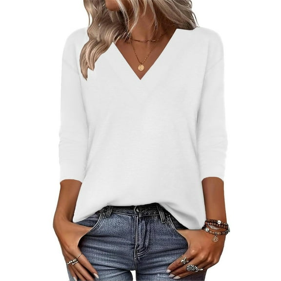 WNEGSTG Long Sleeve Shirts for Women Trendy Fall Casual V Neck Basics Tee Long Sleeve Tshirts Tops Clothes White XXL Size S-3XL
