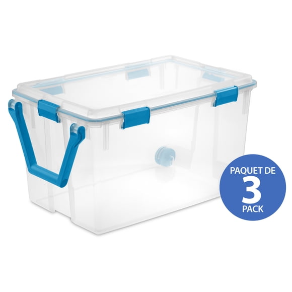 Sterilite 114 Liter Wheeled Gasket Box, Weather-Resistant Extra Large Clear Storage Bin with Latch Lid and Pull Handle, Blue, 3 Pk