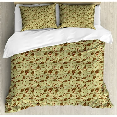 Persian King Size Duvet Cover Set, Middle East Paisley Motifs with Ornamentals Designs on Pale Green Background, Decorative 3 Piece Bedding Set with 2 Pillow Shams, Pale Green Brown, by Ambesonne
