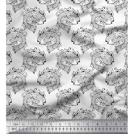 Soimoi Cotton Poplin Fabric Fish Block Print Sewing Fabric Yard 42 Inch Wide