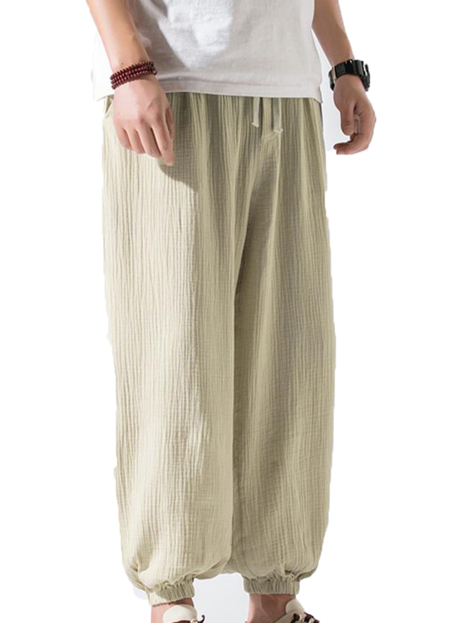 Men's Casual Cotton Linen Harem Pants Hippy Yoga Holiday Drawstring Trousers New 
