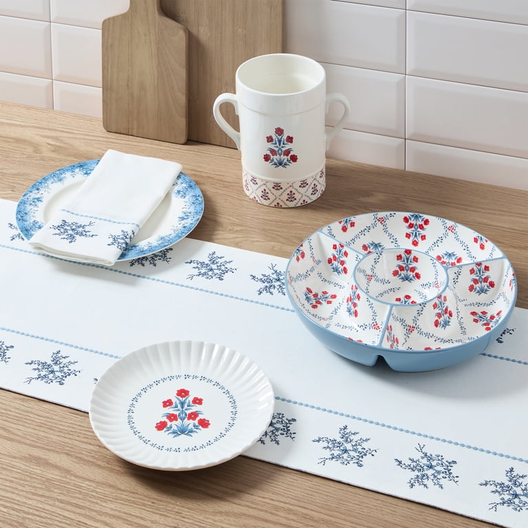 Floral Cotton Reversible Table Runner, Blue and White, 14
