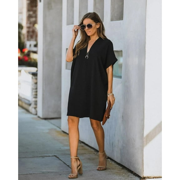 Women's V-neck short-sleeved solid color loose dress female summer traveling casual beach dress