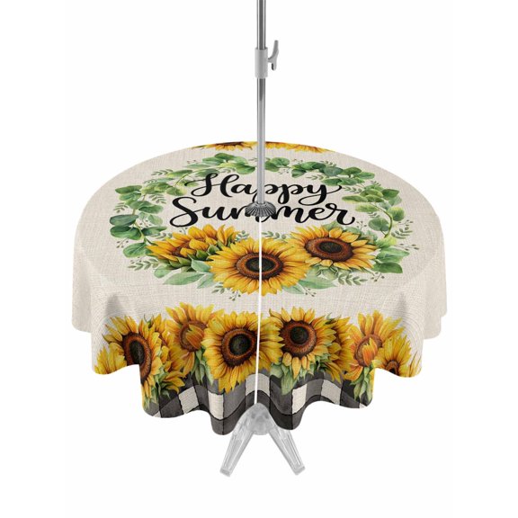 Outdoor Tablecloth with Umbrella Hole for Patio/Picnic/Party/Camping, Summer Sunflowers Waterproof Table Cloth Round Cover Washable, Country Botanical Blossom Flowers (Dia 60")