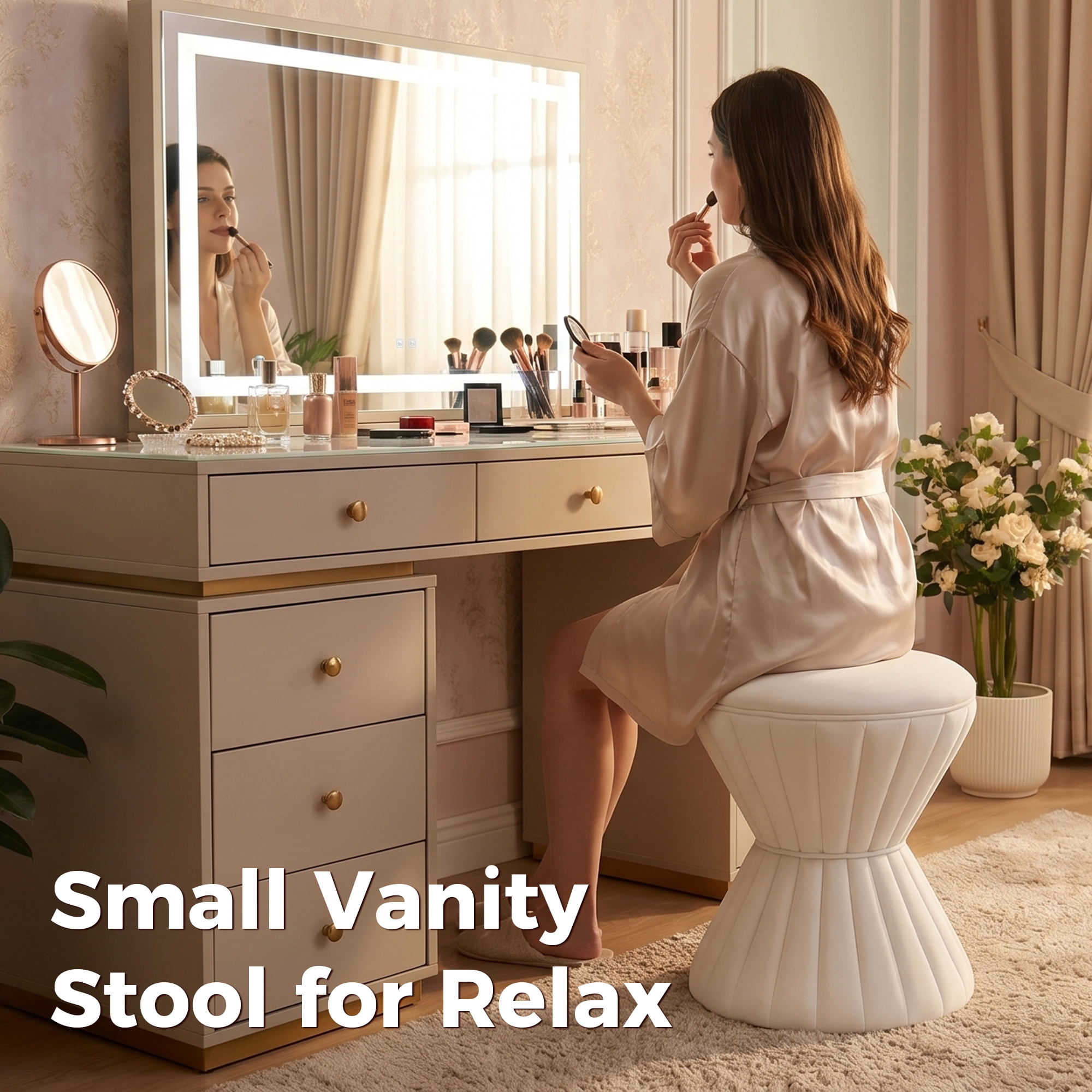 Multifunction Velvet Ottoman, Upholstered Vanity Stool Chair, Sturdy Round Footstool for Makeup, Living Room, Bedroom, Entryway