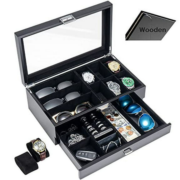 ProCase Wooden Men's Jewelry Box, Watch and Sunglasses Box Organizer for Men, 2-Tier Watch Holder and Glasses Display Cases with Clear Glass Top and Storage Drawer -Black