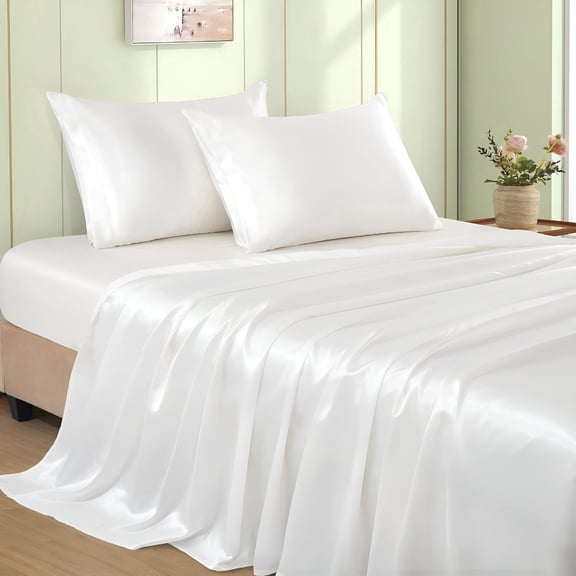 AUQ 4Pcs Ivory White Satin Sheets King Size Bed Set,15 Inch Deep Pocket Silky Satin Sheet Set,Soft Satin Bedding Set Cooling & Luxury Bed Sheets,1 Fitted Sheet 1 Flat Sheet 2 Pillowcases