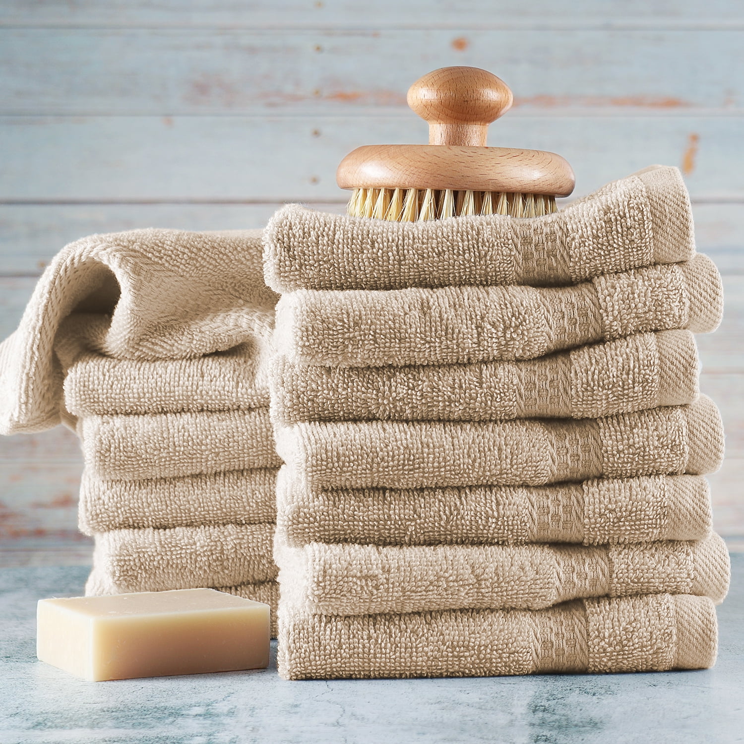 Clara Clark Bath Towels Set, 100% Cotton Luxury Soft Set of 12 Multipurpose Wash Cloths, Cream