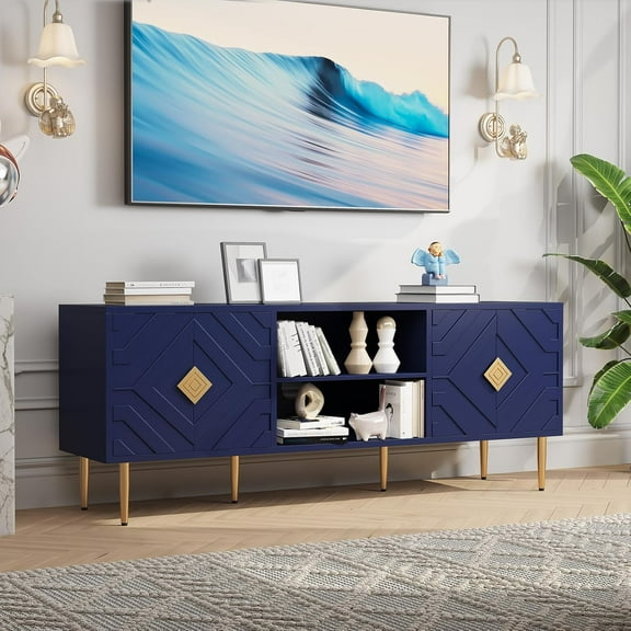 HLR 63''Modern TV Stand for 65/70/75 inch TV, Entertainment Center with Storage Cabinet, Mid Century Blue TV Stand,Embossed Pattern TV Console, TV Media Console for Living Room, Bedroom