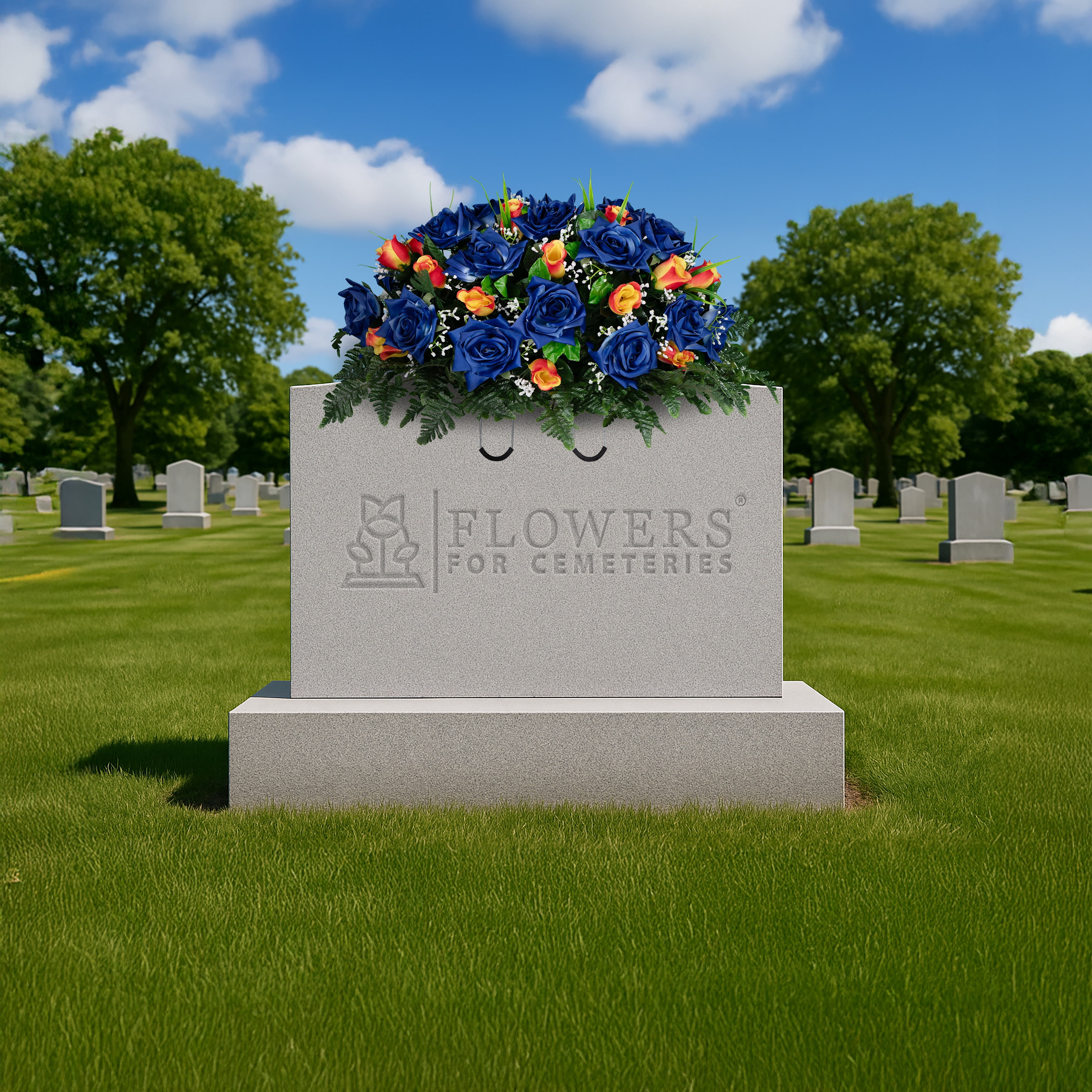 Sympathy Silks Artificial Cemetery Flowers - Blue Open Roses and Orange Rose Buds - Outdoor Saddle for Headstone
