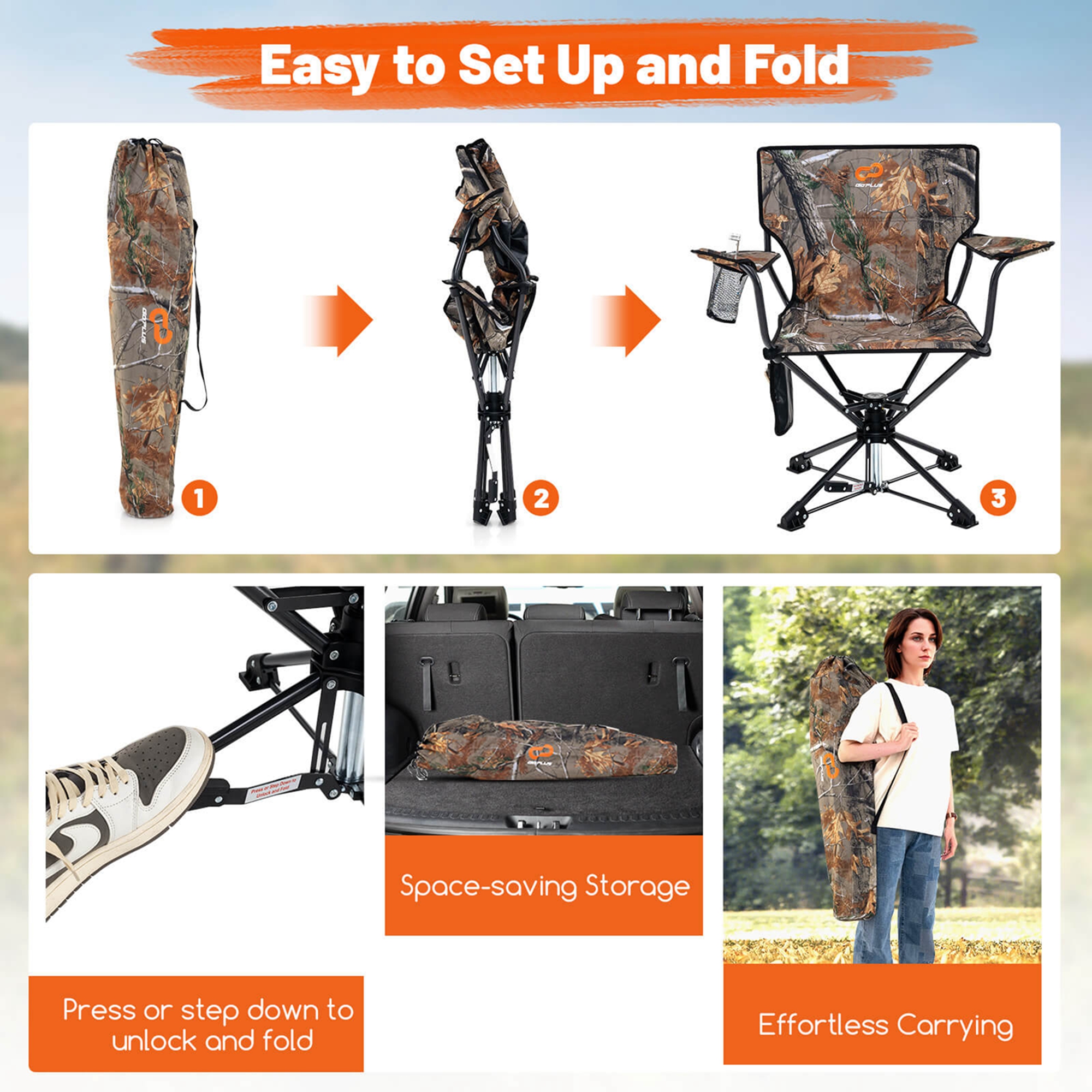 Goplus 360° Swivel Hunting Chair with Mesh Cup Holder & Storage Pockets Cozy Backrest Camo
