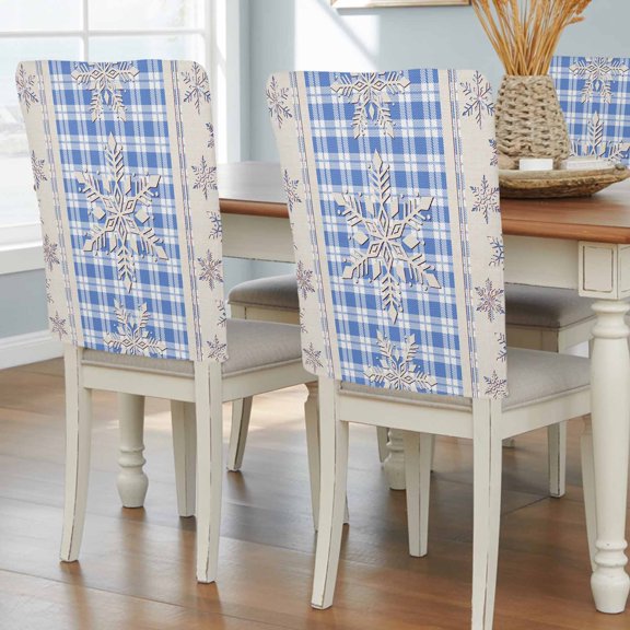 Christmas Winter Chair Back Covers Set of 2, Rustic Minimalist Beige Snowflake Blue Gingham Removable Dining Seat Cover Washable Kitchen Chair Slipcovers Protective for Party Decoration 19x20in