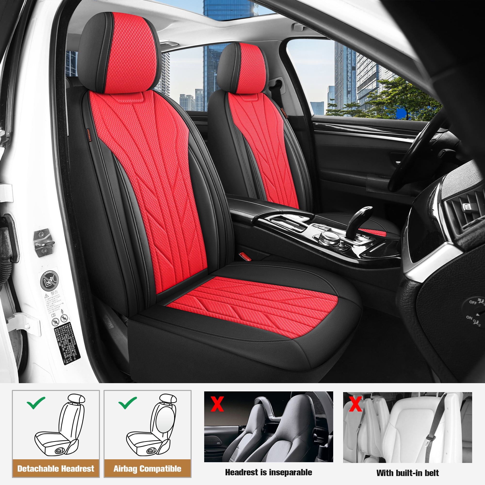 Caromop Red, Luxury Faux Leather & Fabric, Breathable 3D Foam, Armrest Covers,Airbag compatible,Full Seat Covers