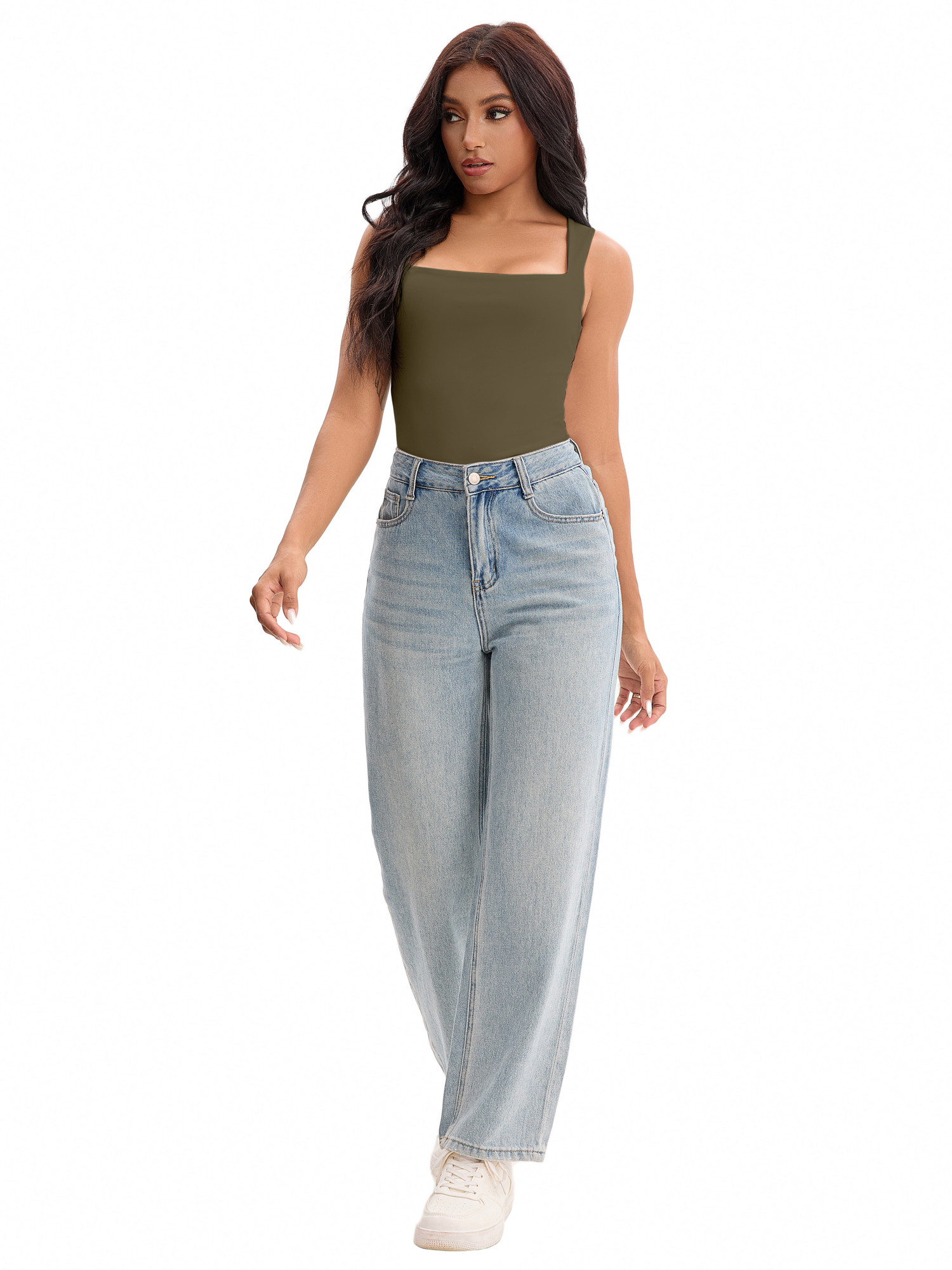 Unique Bargains Square Neck Sleeveless Tank Camisoles M Green