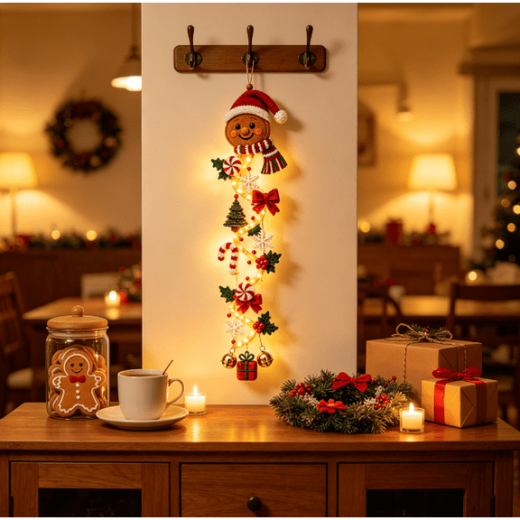 Christmas Gingerbread Glowing Cascading Wall Hanger, LED Illuminated Christmas Door Hanger with Poinsettia Holly Berry for Front Entry Holiday Home Ornament