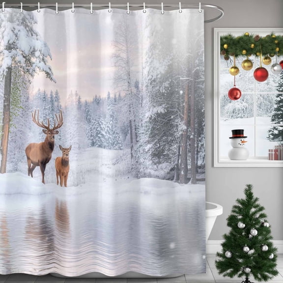 Shower Curtain 36"W x 78"L Winter Forest Elk Snow Scene Fabric Shower Curtains Set with Hooks Water Repellent Bathroom Curtains Machine Washable Bathroom Accessories