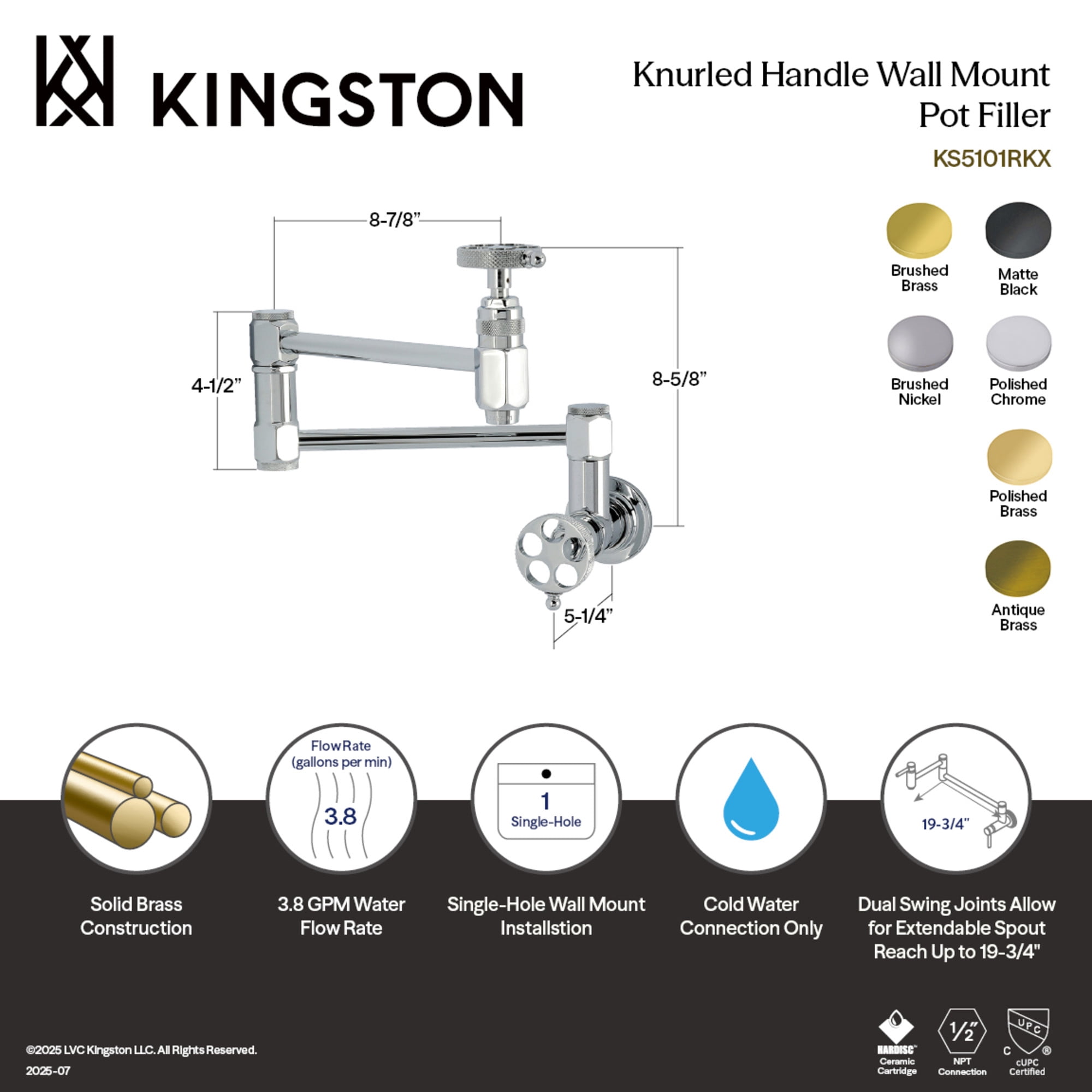 Kingston Brass KS5101RKX Webb Two-Handle 1-Hole Wall Mount Pot Filler Faucet with Knurled Handle in Polished Chrome
