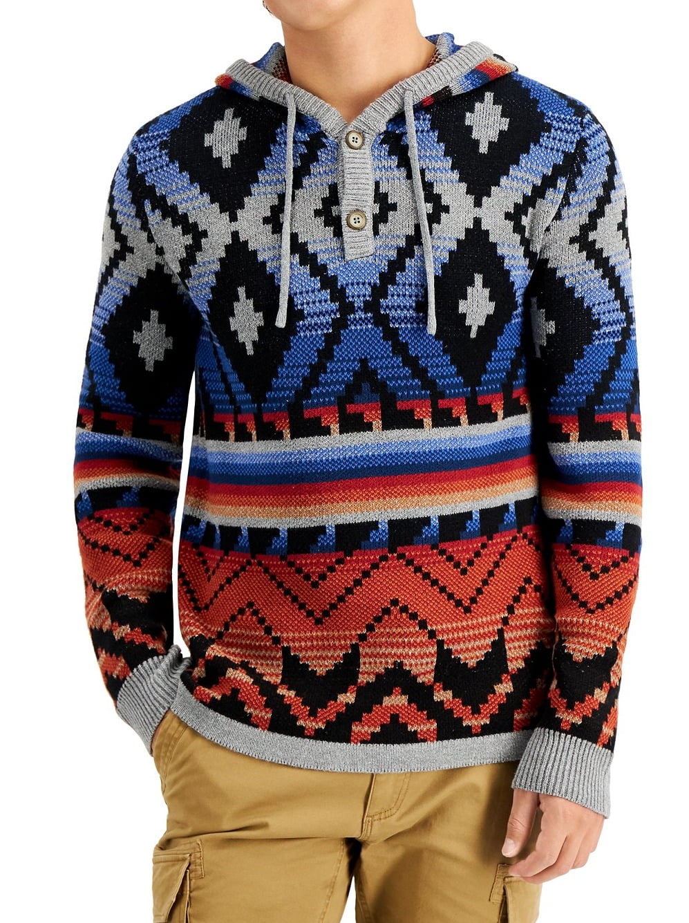 Stone Mens Sweater Red Tribal Hooded 