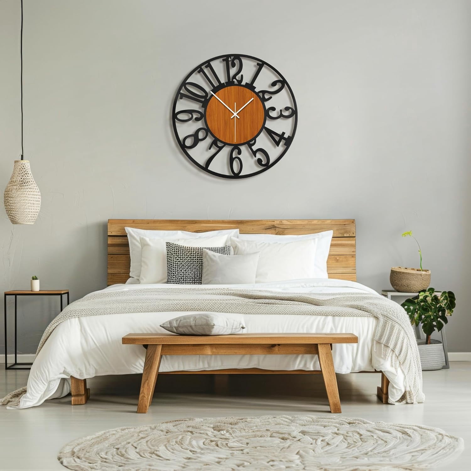 OMA Large Round Wall Clock for Living Room Decor Battery Operated Non Ticking Black Metal Wood Clocks for Home Living Room Garden Office Kitchen Decoration -24 inch