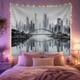 thumbnail image 2 of Arched Bridge Across Water and City Skyline, Serene Minimalist for Cityscape Fans, Monochrome Urban Art, Housewarming Gift, Tapestry Wall Hanging for Bedroom and Living Room, 2 of 7