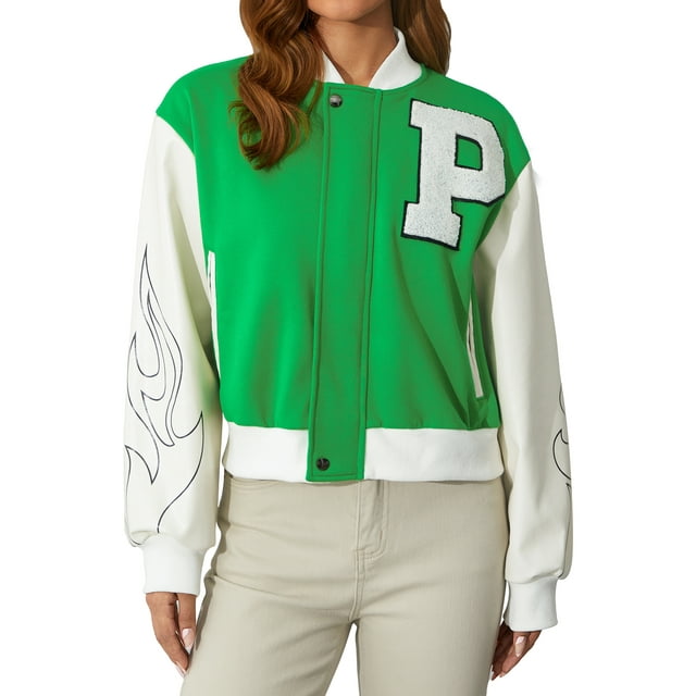 Diconna Women's Cropped Long Sleeve Zipper Baseball Jacket Coat Letter Print Single Breasted Top Bomber Streetwear Green M