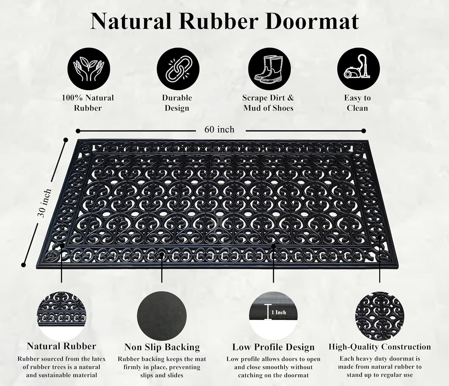 A1HC Heavy Duty Rubber Grill Doormat 30"x60", Black Estate, Scrapes Dirt & Grime, Indoor Outdoor Front Door Mat for Entry & Patio