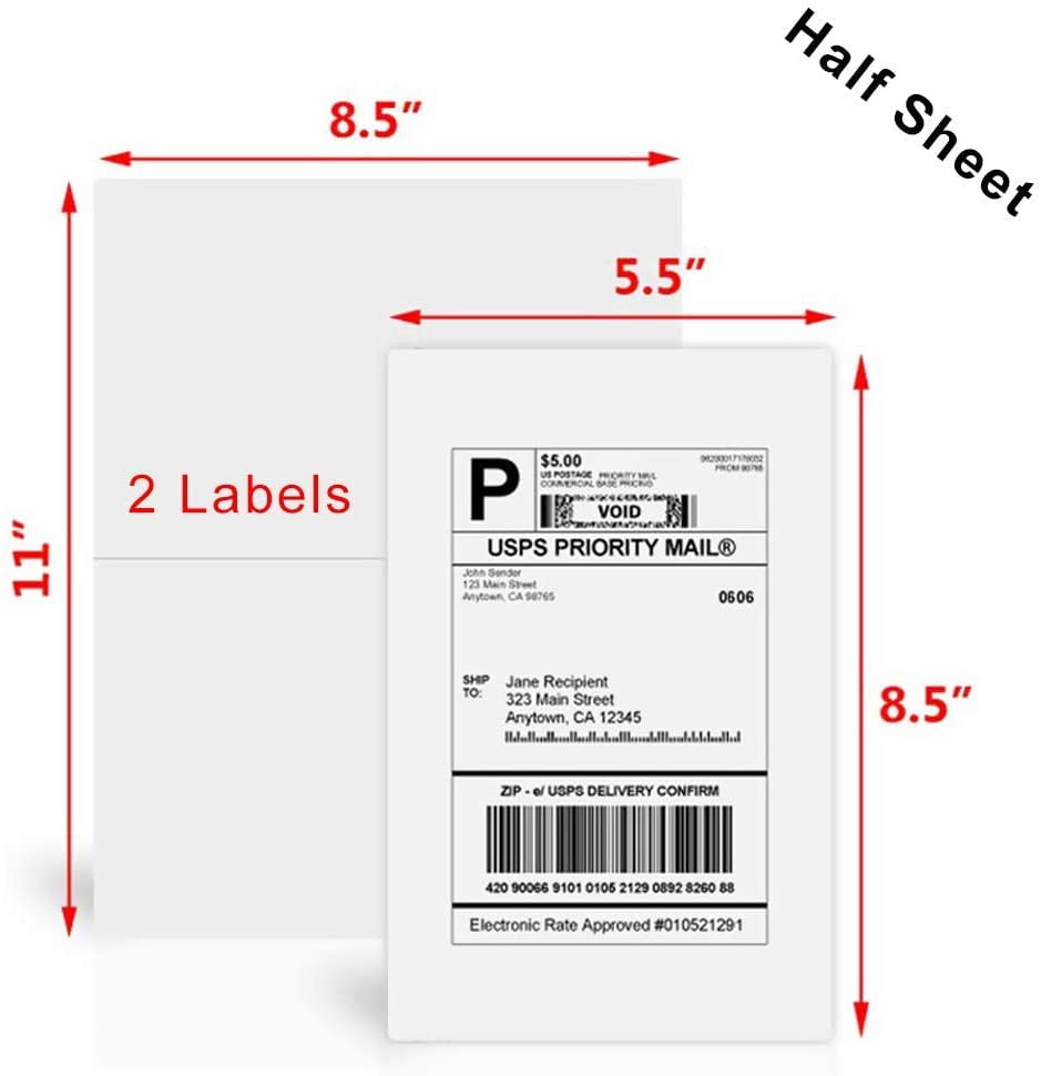 500  QUALITY STICKY!! HALF SHEET LABELS FOR PAYPAL/USPS SHIPPING NO PERF 