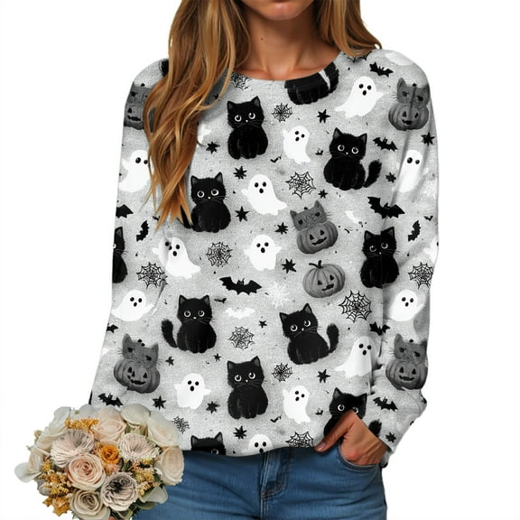 YDFCWXW Halloween Sweatshirt Women Ghost Shirts Funny Pumpkin Graphic Shirt Spooky Season Crewneck Pullover Long Sleeve Tops 2025 Light Gray, XXL