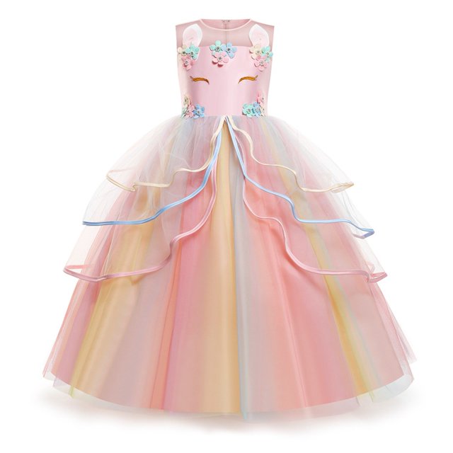 Vestido largo de actuación, vestido de malla colorido, vestido de princesa de actuación para niños con unicornio de Halloween