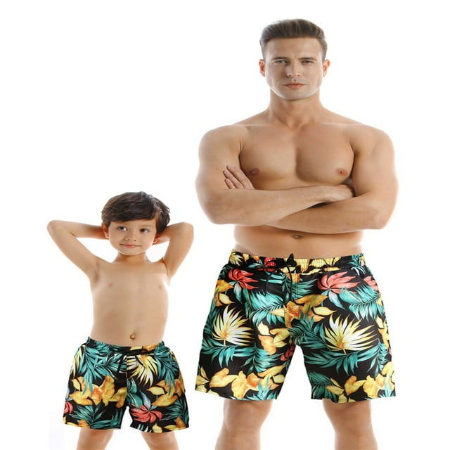 CNKOO Parent-child Swim Trunks Quick Dry Swim Shorts Polka Dot/ Plant Print Bathing Suits with Pockets