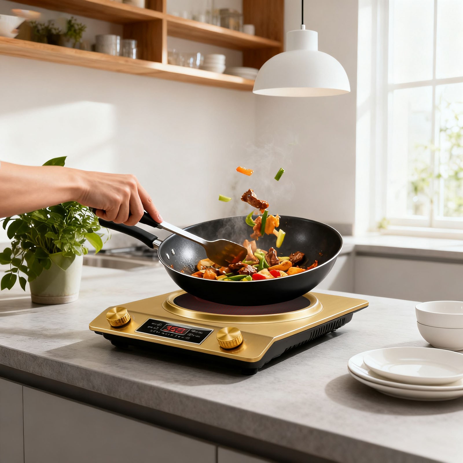 3500W Commercial Induction Cooktop - Portable Multifunctional Design with LCD Display, Knob Control, 10 Temp Settings & Concave Coil for Home/Restaurant/Food Truck,Gold