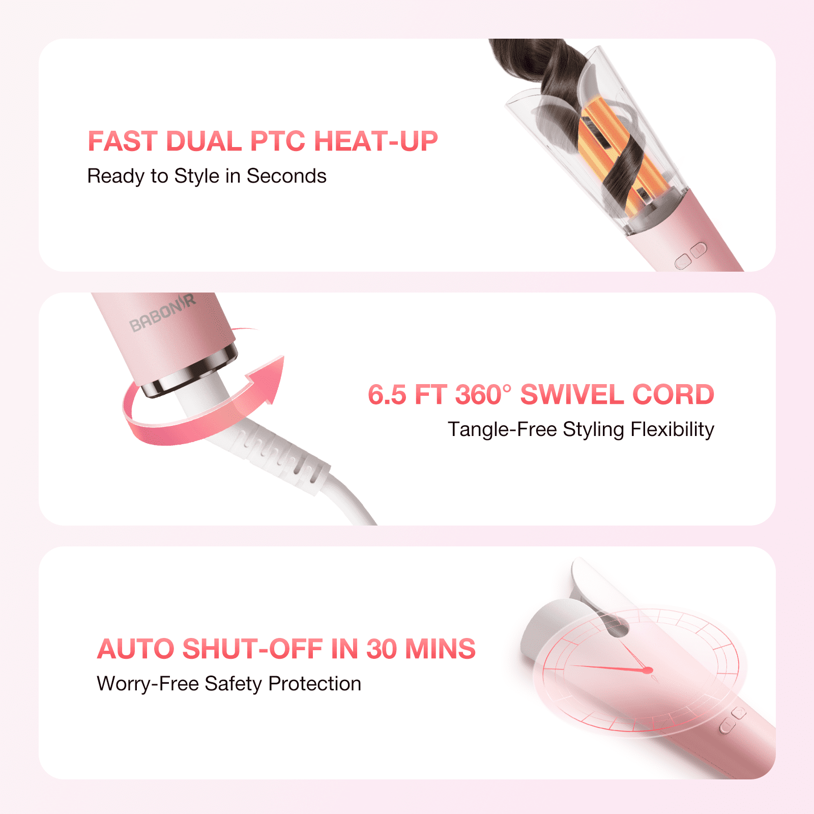 BABONIR 1.25'' Automatic Curling Iron for Beginners - 3 Temp, 2-Way Rotation, Anti-Scald, 500M Ionic, Dual Voltage, Champagne Pink