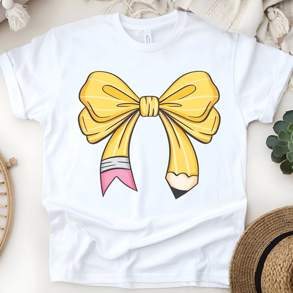 Cute Pencil with Pink Bow Teacher Shirt – Star Print Design, White, Size S