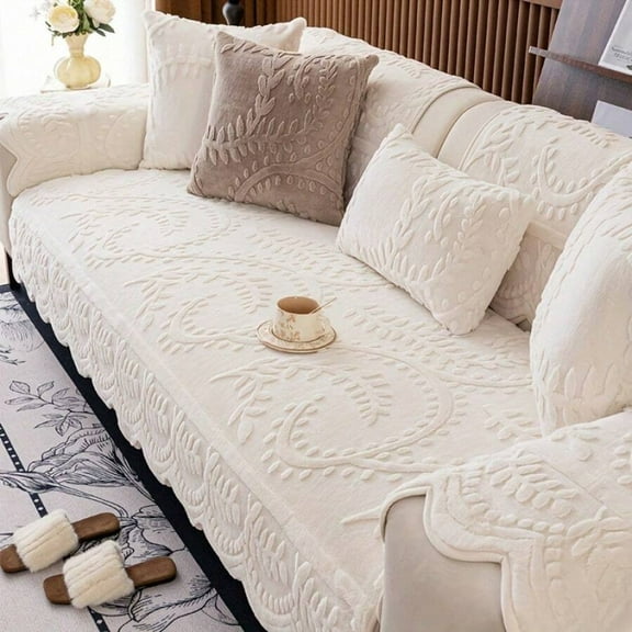 1pc Thick Faux Rabbit Fur Winter Sofa Cover - Elegant Beige Floral & Leaf Patterns, Pet-Friendly Non-Slip Machine Washable, Fits 1-4 Seater Couches for Living Room/Bedroom/Office Decor